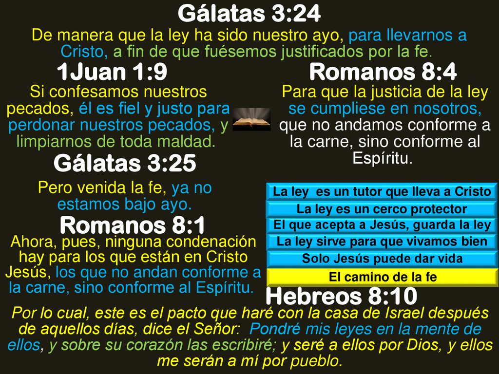 Gálatas 3:24 1Juan 1:9 Romanos 8:4 Gálatas 3:25 Romanos 8:1