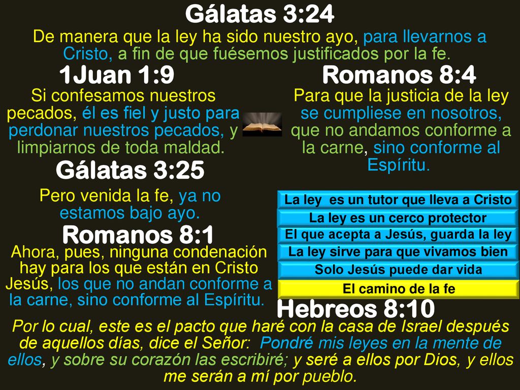 Gálatas 3:24 1Juan 1:9 Romanos 8:4 Gálatas 3:25 Romanos 8:1