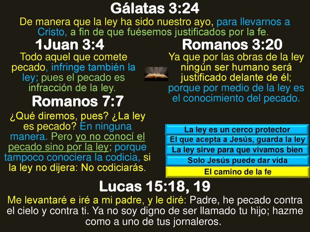 Gálatas 3:24 1Juan 3:4 Romanos 3:20 Romanos 7:7 Lucas 15:18, 19