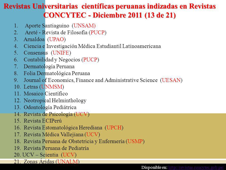 Revistas Universitarias científicas peruanas indizadas en Revistas CONCYTEC - Diciembre 2011 (13 de 21)