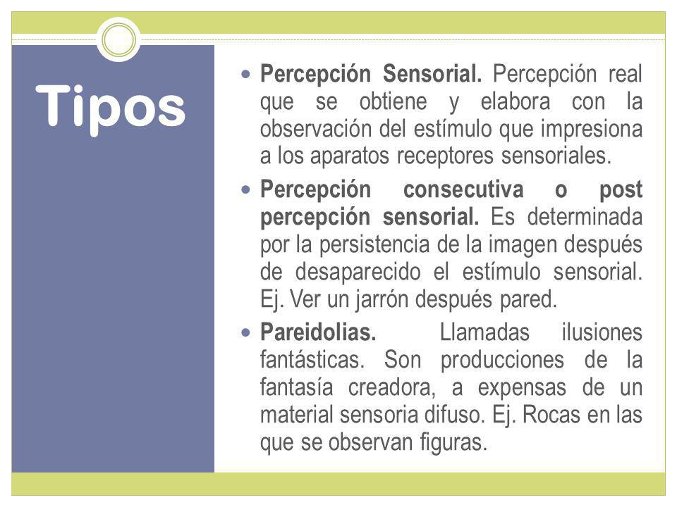 Percepción Sensorial. Percepción real que se obtiene y elabora con la observación del estímulo que impresiona a los aparatos receptores sensoriales.