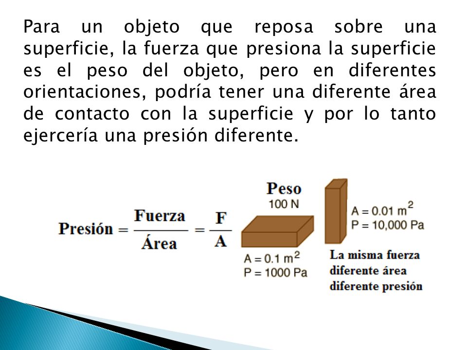 Para un objeto que reposa sobre una superficie, la fuerza que presiona la superficie es el peso del objeto, pero en diferentes orientaciones, podría tener una diferente área de contacto con la superficie y por lo tanto ejercería una presión diferente.