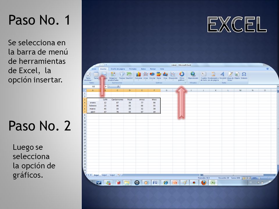 Paso No. 1 EXCEL. Se selecciona en la barra de menú de herramientas de Excel, la opción insertar.