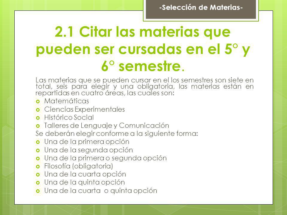 2.1 Citar las materias que pueden ser cursadas en el 5° y 6° semestre.