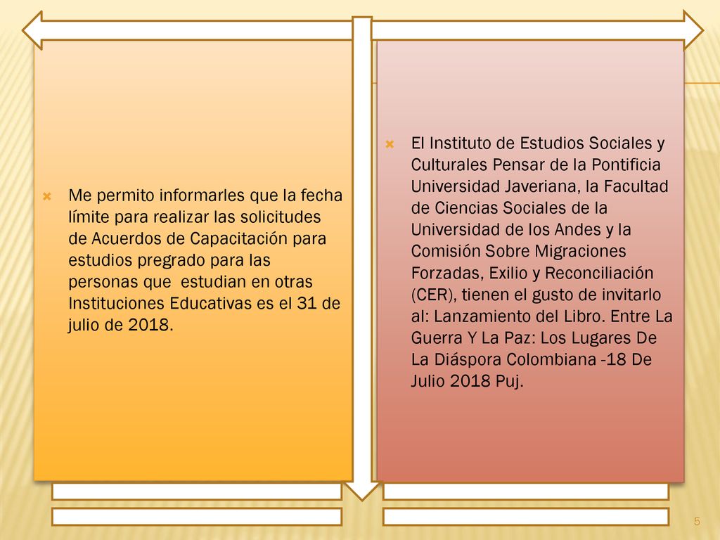 Me permito informarles que la fecha límite para realizar las solicitudes de Acuerdos de Capacitación para estudios pregrado para las personas que estudian en otras Instituciones Educativas es el 31 de julio de 2018.