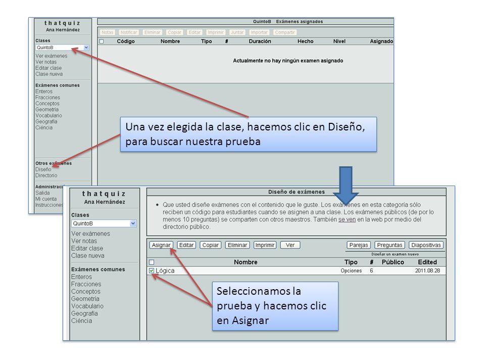 Una vez elegida la clase, hacemos clic en Diseño, para buscar nuestra prueba