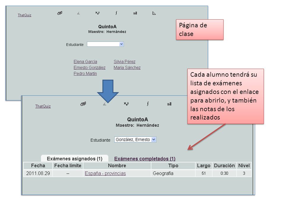 Página de clase Cada alumno tendrá su lista de exámenes asignados con el enlace para abrirlo, y también las notas de los realizados.