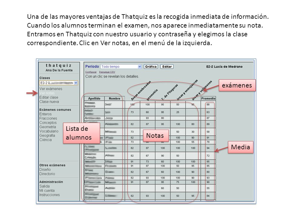 Una de las mayores ventajas de Thatquiz es la recogida inmediata de información. Cuando los alumnos terminan el examen, nos aparece inmediatamente su nota. Entramos en Thatquiz con nuestro usuario y contraseña y elegimos la clase correspondiente. Clic en Ver notas, en el menú de la izquierda.