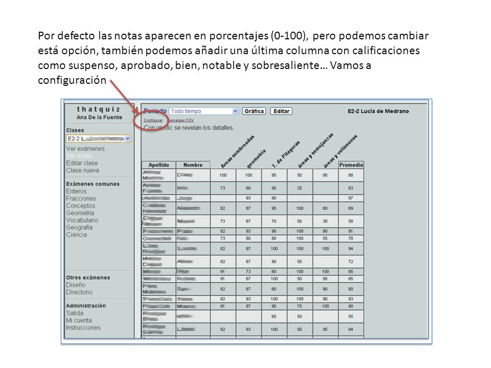 Por defecto las notas aparecen en porcentajes (0-100), pero podemos cambiar está opción, también podemos añadir una última columna con calificaciones como suspenso, aprobado, bien, notable y sobresaliente… Vamos a configuración
