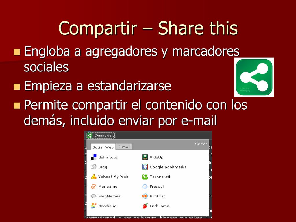 Compartir – Share this Engloba a agregadores y marcadores sociales