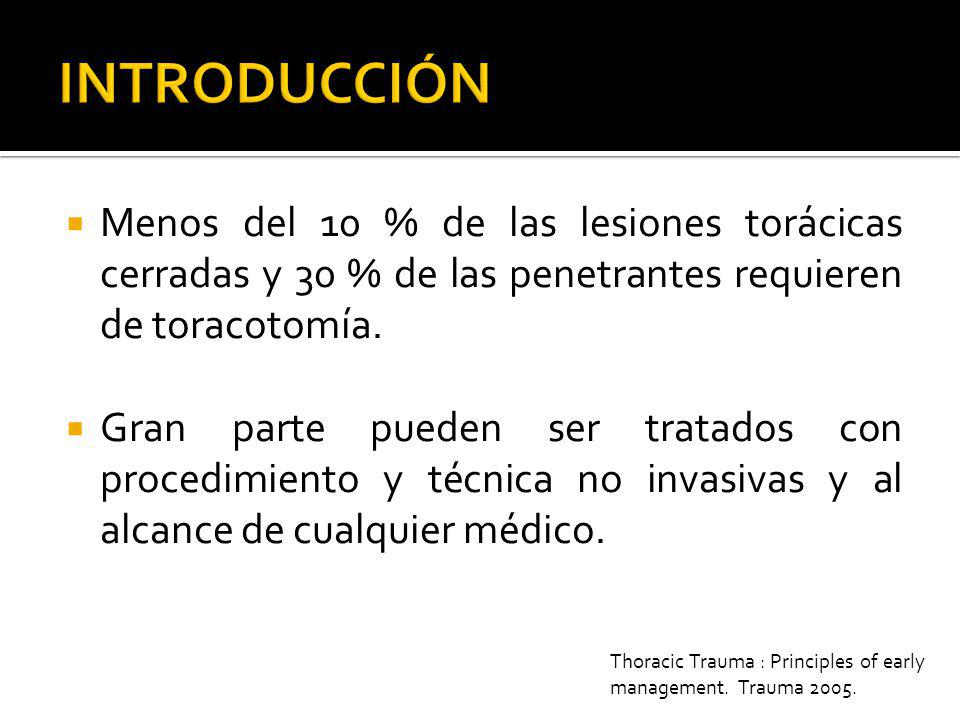 INTRODUCCIÓN Menos del 10 % de las lesiones torácicas cerradas y 30 % de las penetrantes requieren de toracotomía.