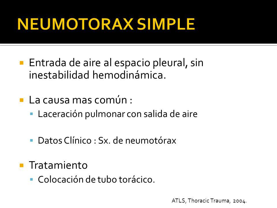 NEUMOTORAX SIMPLE Entrada de aire al espacio pleural, sin inestabilidad hemodinámica. La causa mas común :