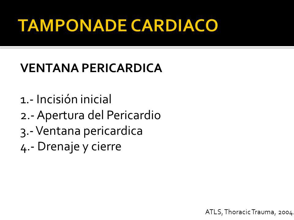 TAMPONADE CARDIACO VENTANA PERICARDICA 1.- Incisión inicial 2.- Apertura del Pericardio 3.- Ventana pericardica 4.- Drenaje y cierre