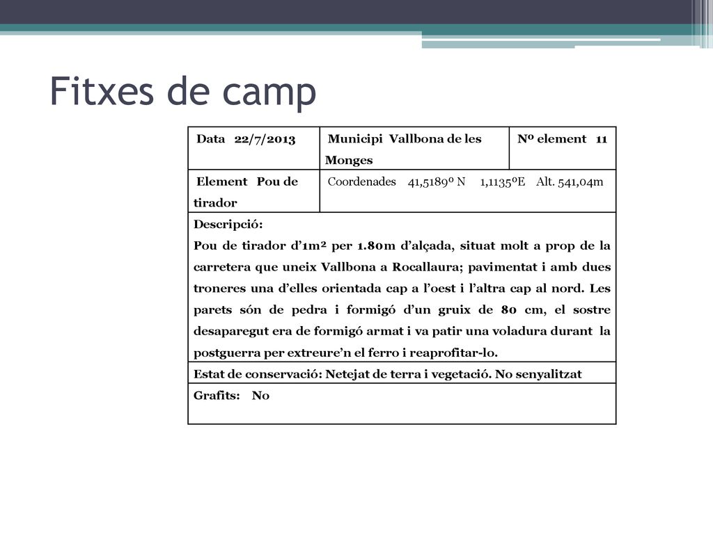 Fitxes de camp Data 22/7/2013 Municipi Vallbona de les Monges