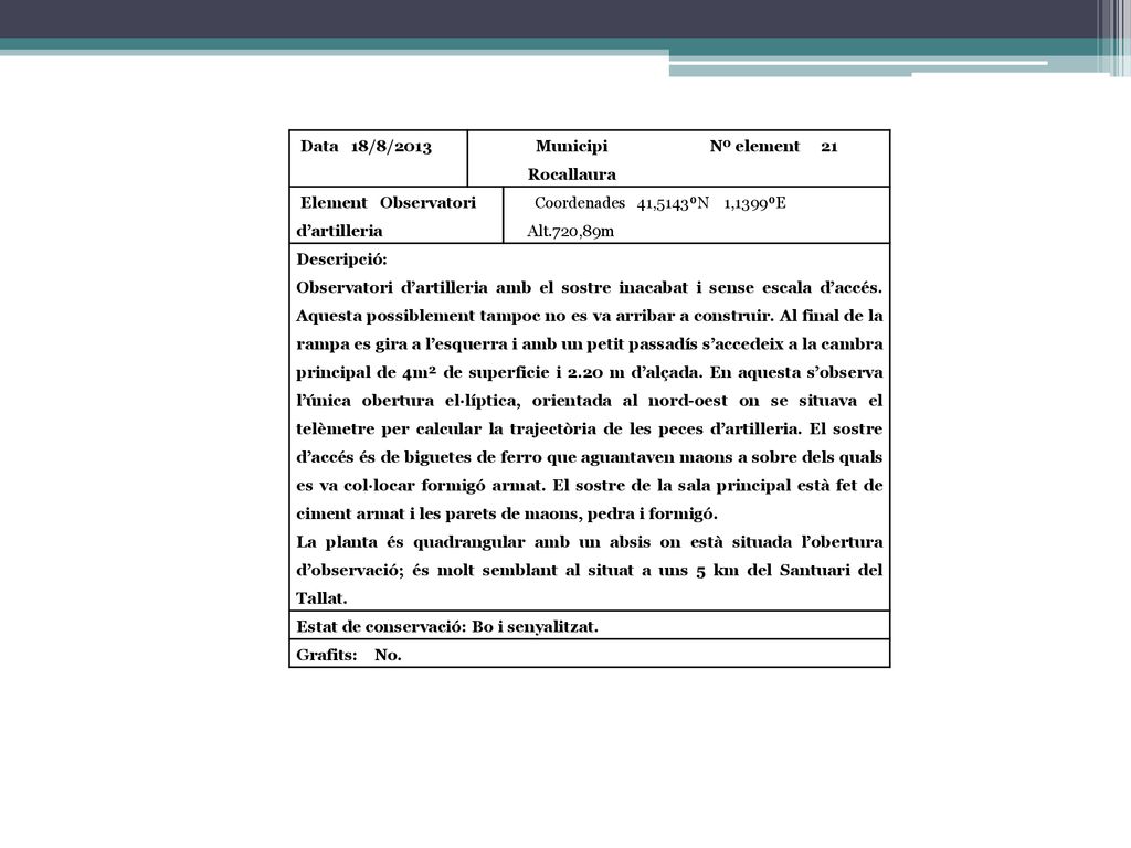 Data 18/8/2013 Municipi Rocallaura. Nº element 21. Element Observatori d’artilleria. Coordenades 41,5143ºN 1,1399ºE Alt.720,89m.