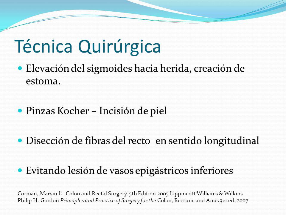 Técnica Quirúrgica Elevación del sigmoides hacia herida, creación de estoma. Pinzas Kocher – Incisión de piel.
