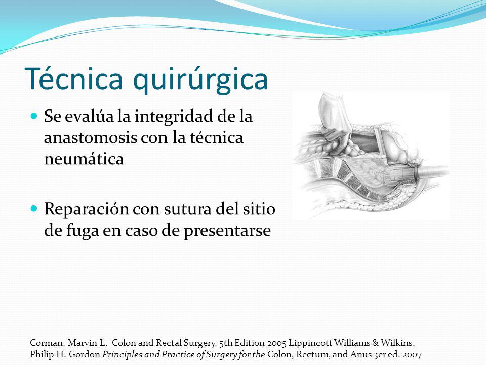 Técnica quirúrgica Se evalúa la integridad de la anastomosis con la técnica neumática.