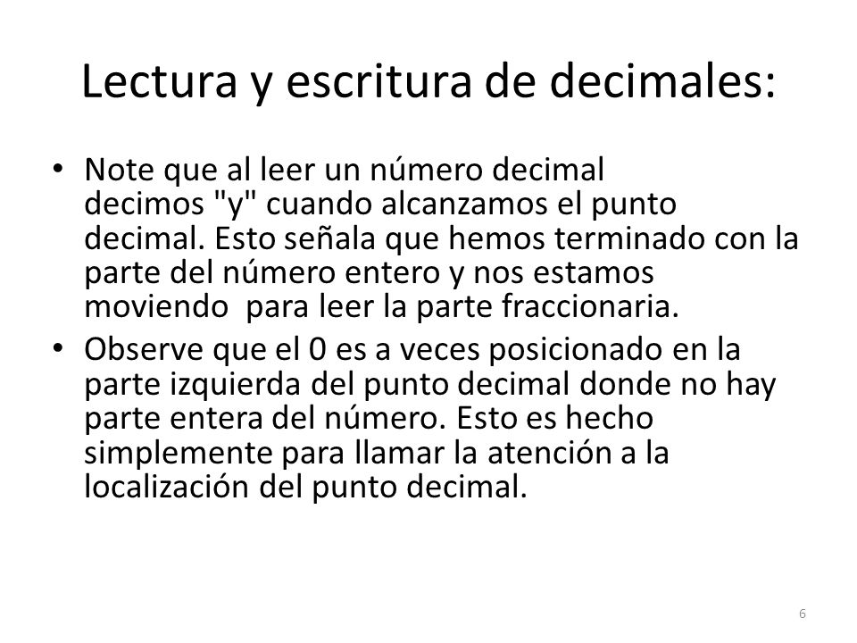 Lectura y escritura de decimales: