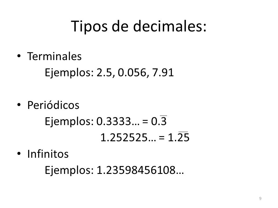 Tipos de decimales: Terminales Ejemplos: 2.5, 0.056, 7.91 Periódicos