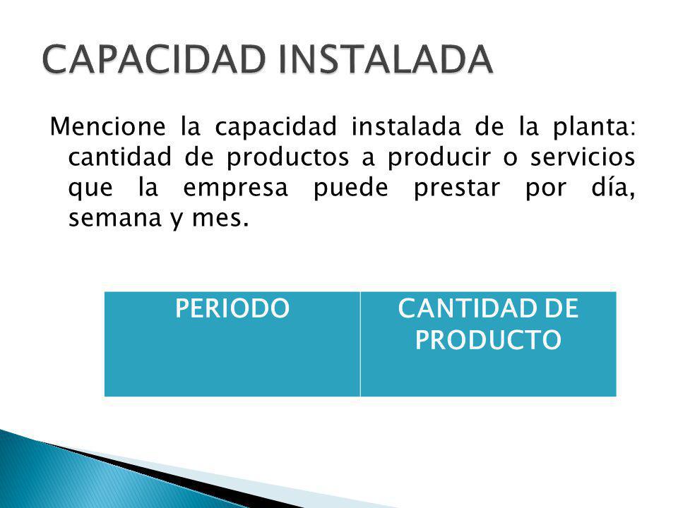 CAPACIDAD INSTALADA PERIODO CANTIDAD DE PRODUCTO
