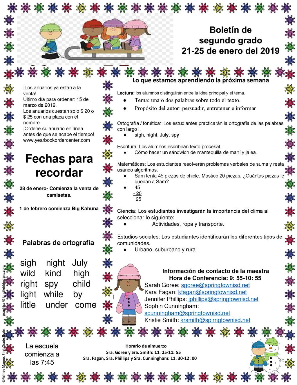 Fechas para recordar Boletín de segundo grado de enero del 2019
