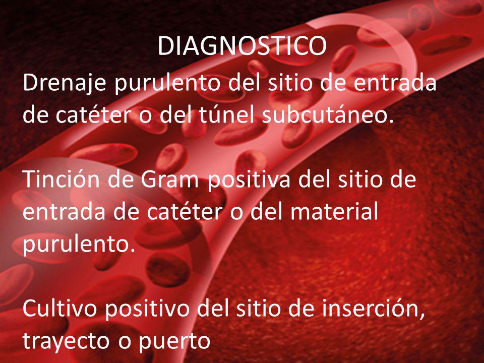DIAGNOSTICO Drenaje purulento del sitio de entrada de catéter o del túnel subcutáneo.