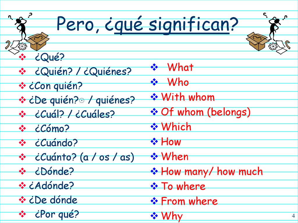 Pero, ¿qué significan What Who With whom Of whom (belongs) Which How