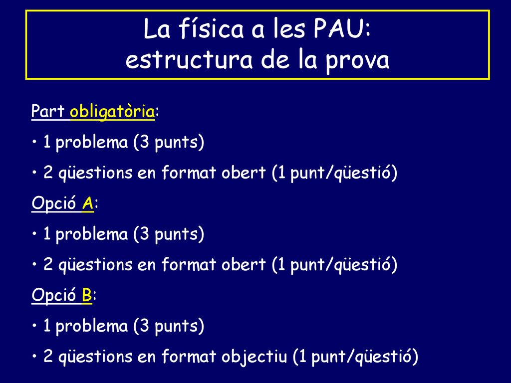 La física a les PAU: estructura de la prova Part obligatòria: