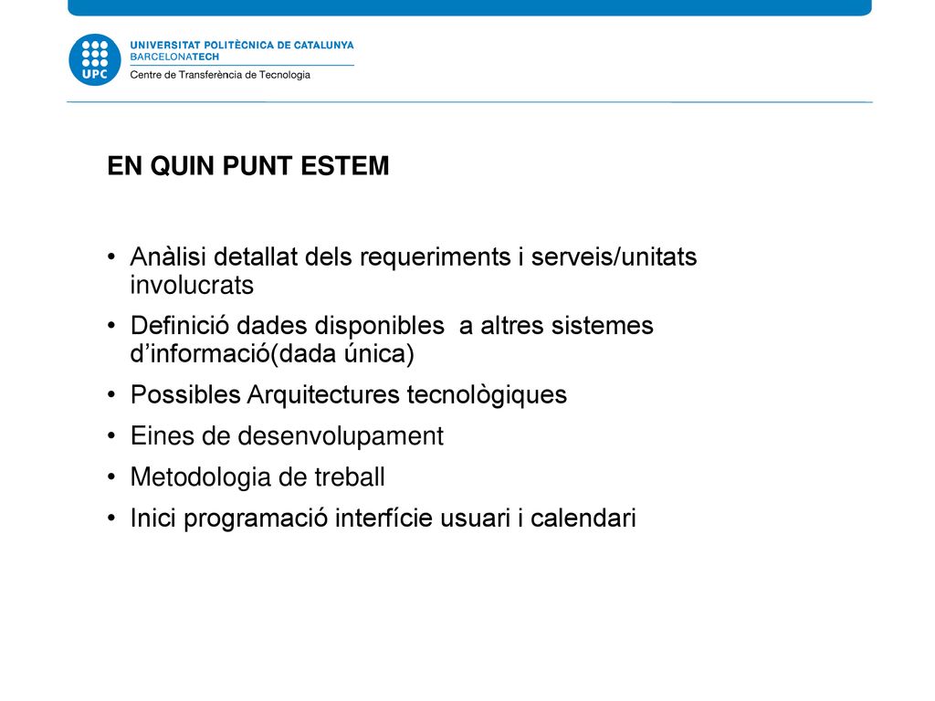 EN QUIN PUNT ESTEM Anàlisi detallat dels requeriments i serveis/unitats involucrats.
