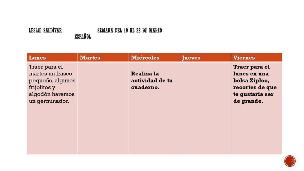 Leslie Saldívar Semana del 18 al 22 de marzo Español