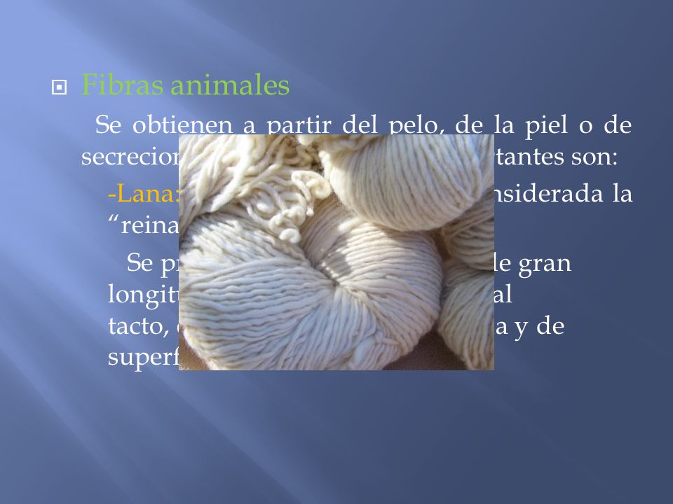 Fibras animales Se obtienen a partir del pelo, de la piel o de secreciones internas. Las más importantes son: