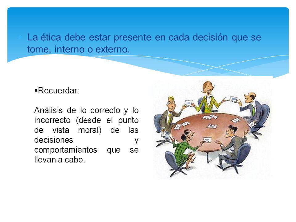 La ética debe estar presente en cada decisión que se tome, interno o externo.