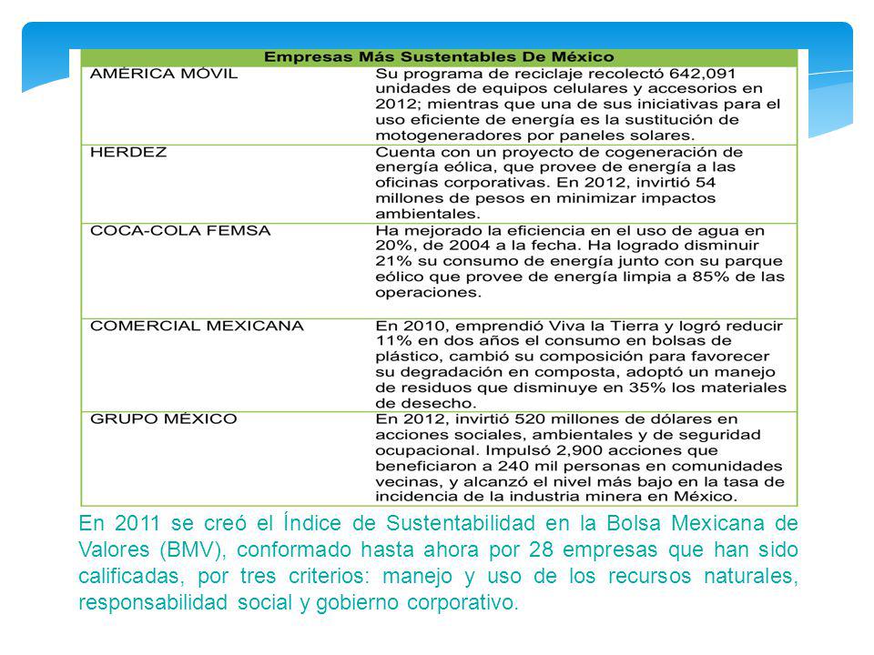 En 2011 se creó el Índice de Sustentabilidad en la Bolsa Mexicana de Valores (BMV), conformado hasta ahora por 28 empresas que han sido calificadas, por tres criterios: manejo y uso de los recursos naturales, responsabilidad social y gobierno corporativo.
