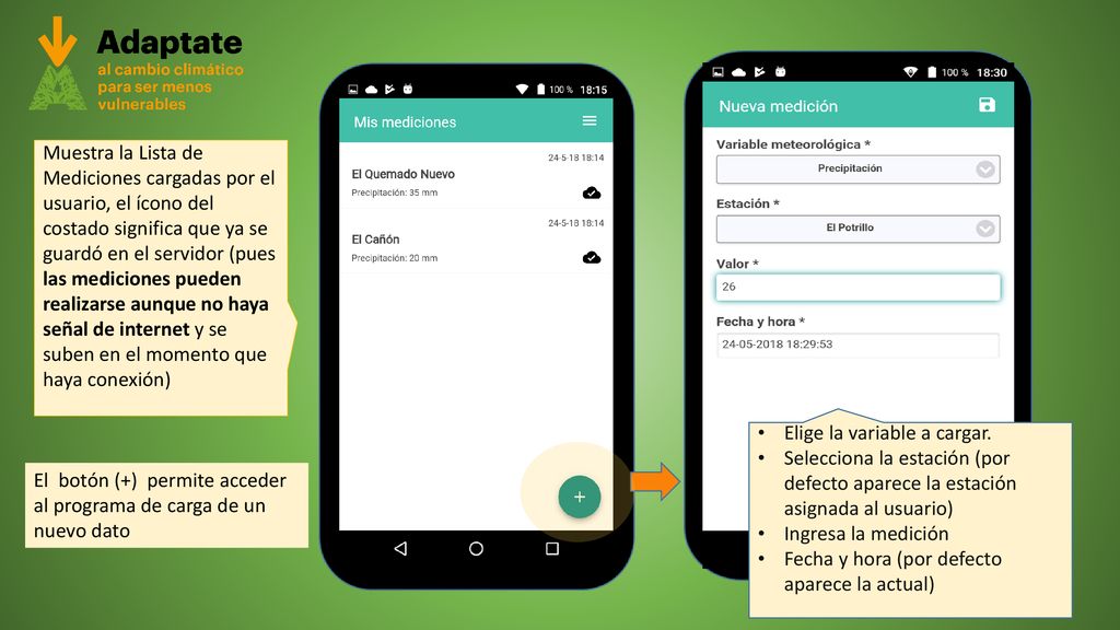 Muestra la Lista de Mediciones cargadas por el usuario, el ícono del costado significa que ya se guardó en el servidor (pues las mediciones pueden realizarse aunque no haya señal de internet y se suben en el momento que haya conexión)