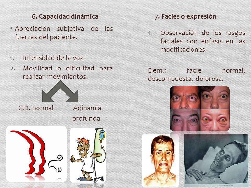 6. Capacidad dinámica 7. Facies o expresión. Apreciación subjetiva de las fuerzas del paciente. Intensidad de la voz.