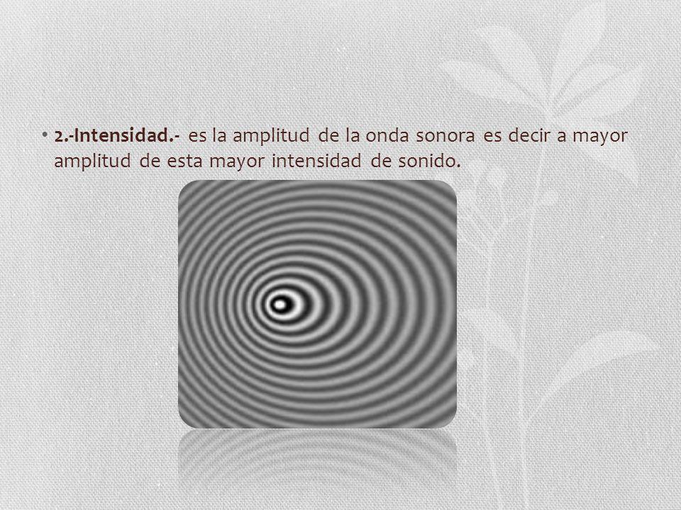 2.-Intensidad.- es la amplitud de la onda sonora es decir a mayor amplitud de esta mayor intensidad de sonido.