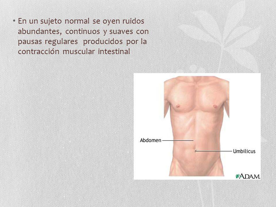 En un sujeto normal se oyen ruidos abundantes, continuos y suaves con pausas regulares producidos por la contracción muscular intestinal