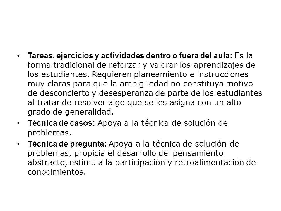 Tareas, ejercicios y actividades dentro o fuera del aula: Es la forma tradicional de reforzar y valorar los aprendizajes de los estudiantes. Requieren planeamiento e instrucciones muy claras para que la ambigüedad no constituya motivo de desconcierto y desesperanza de parte de los estudiantes al tratar de resolver algo que se les asigna con un alto grado de generalidad.