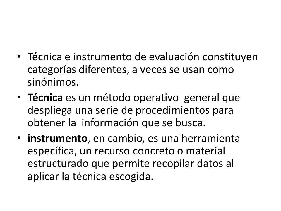 Técnica e instrumento de evaluación constituyen categorías diferentes, a veces se usan como sinónimos.