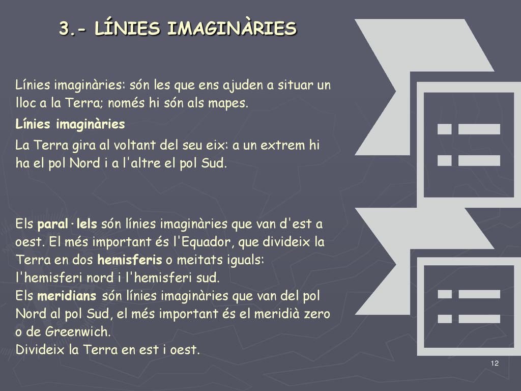 3.- LÍNIES IMAGINÀRIES Línies imaginàries: són les que ens ajuden a situar un lloc a la Terra; només hi són als mapes.