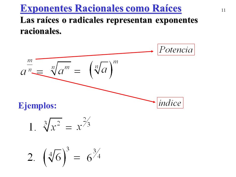 Exponentes Racionales como Raíces Las raíces o radicales representan exponentes racionales.