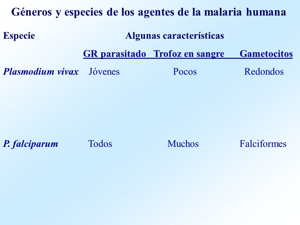 Géneros y especies de los agentes de la malaria humana