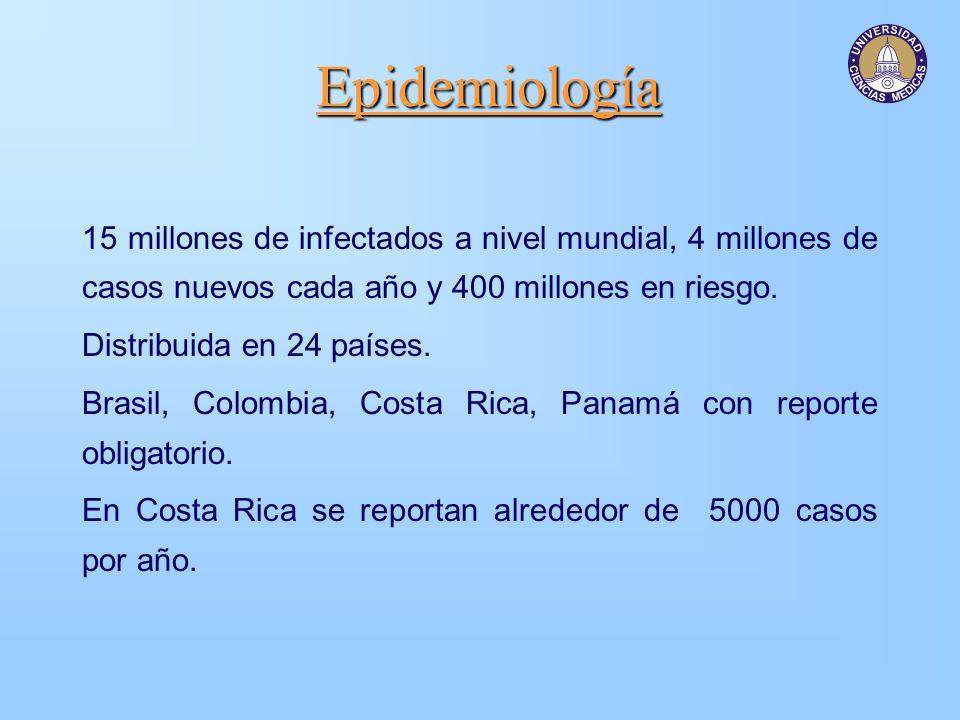 Epidemiología 15 millones de infectados a nivel mundial, 4 millones de casos nuevos cada año y 400 millones en riesgo.