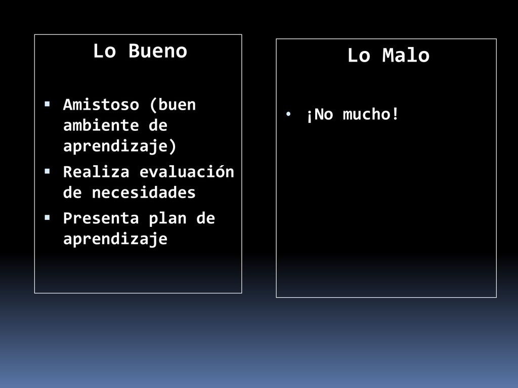 Lo Bueno Lo Malo Amistoso (buen ambiente de aprendizaje) ¡No mucho!