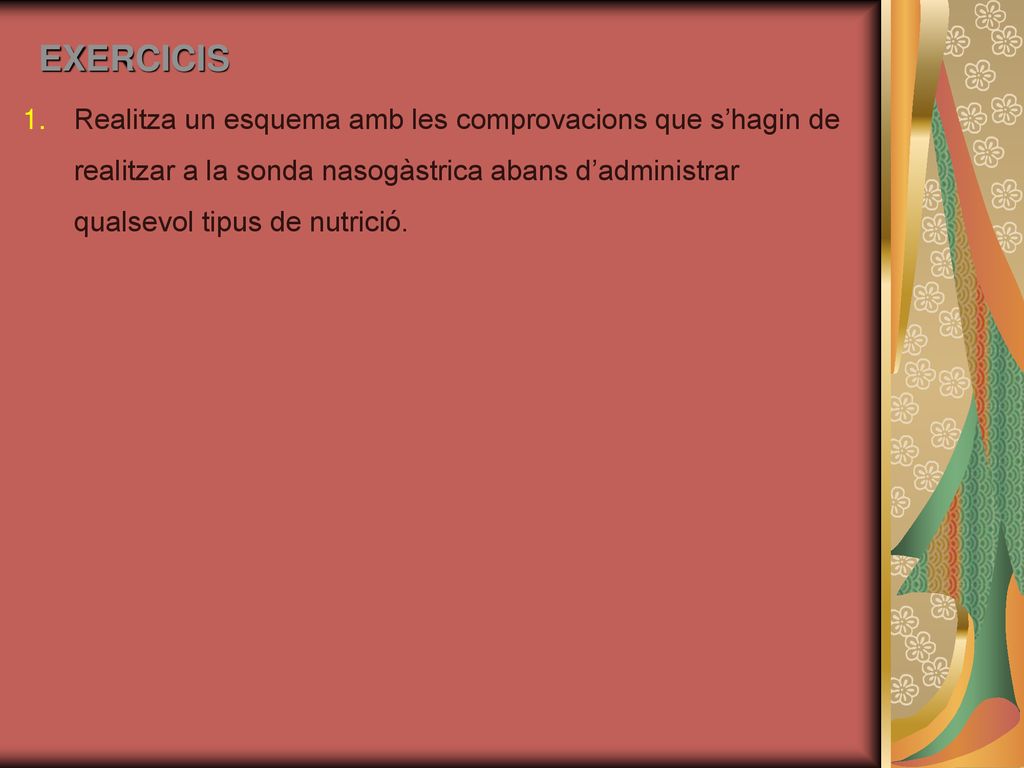 EXERCICIS Realitza un esquema amb les comprovacions que s’hagin de realitzar a la sonda nasogàstrica abans d’administrar qualsevol tipus de nutrició.