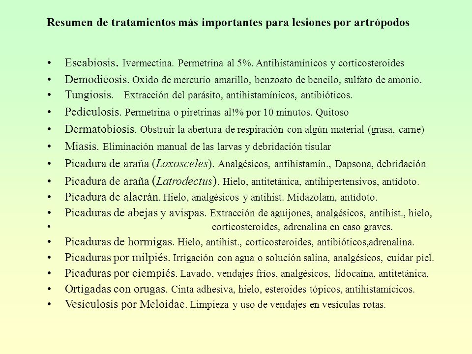 Resumen de tratamientos más importantes para lesiones por artrópodos