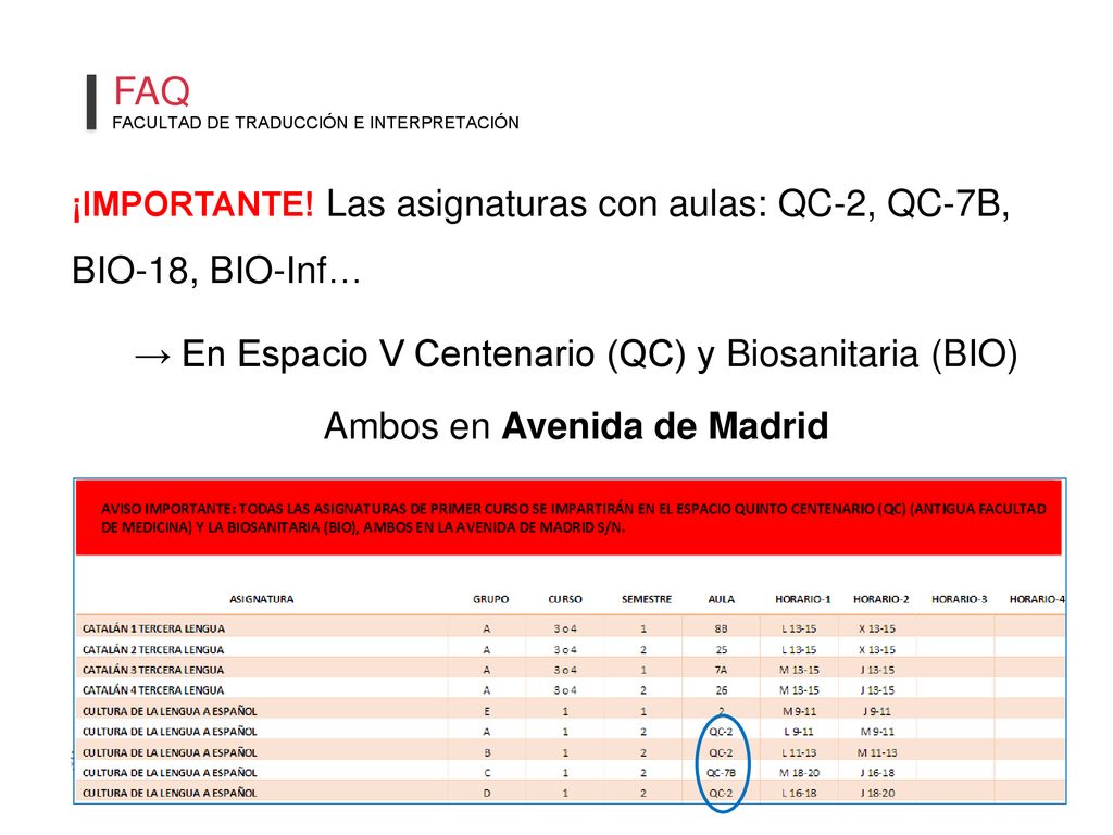 FAQ → En Espacio V Centenario (QC) y Biosanitaria (BIO)