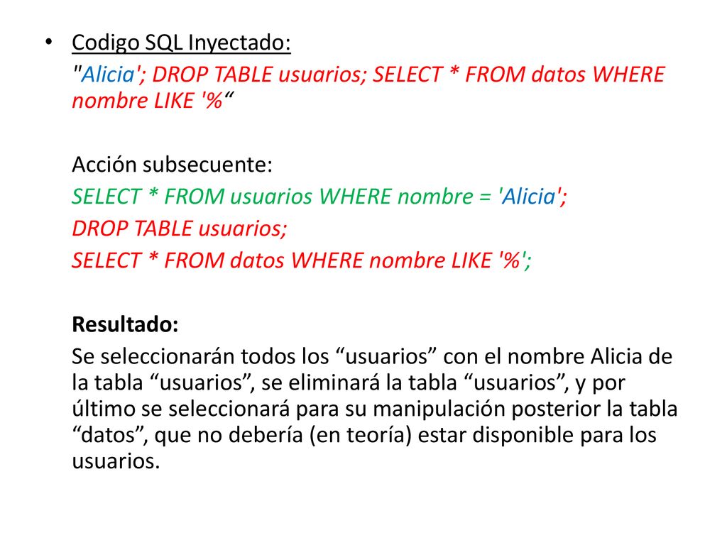Codigo SQL Inyectado: Alicia ; DROP TABLE usuarios; SELECT * FROM datos WHERE nombre LIKE % Acción subsecuente: