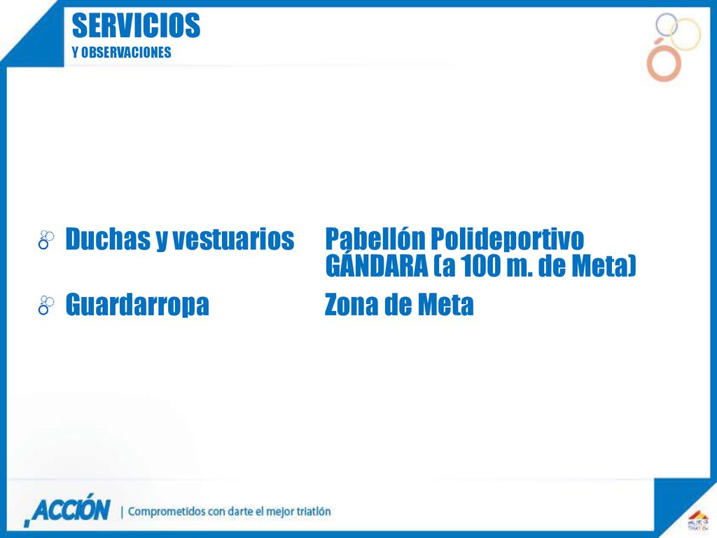 SERVICIOS Y OBSERVACIONES. Duchas y vestuarios Pabellón Polideportivo GÁNDARA (a 100 m. de Meta)