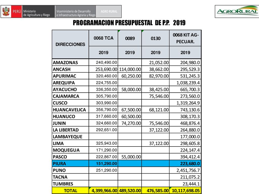 PROGRAMACION PRESUPUESTAL DE P.P. 2019